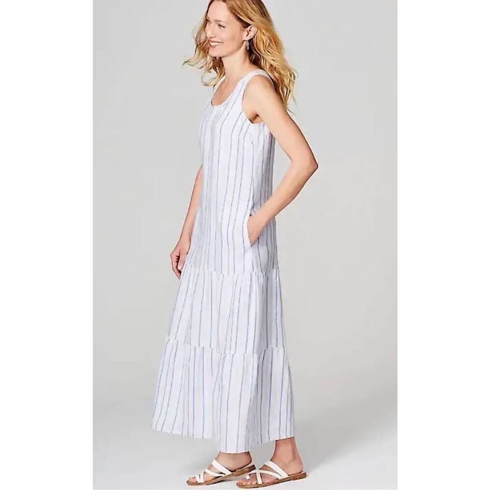 J. Jill Love Linen Sleeveless Tiered Striped Maxi Dress Size M Petite